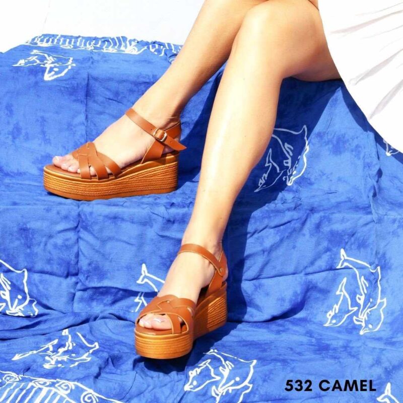 Women leather flatform sandals 1532 - 36, Κάμελ