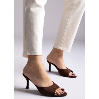 Γυναικεία mules με λεπτό τακούνι σε καφέ χρώμα 9756