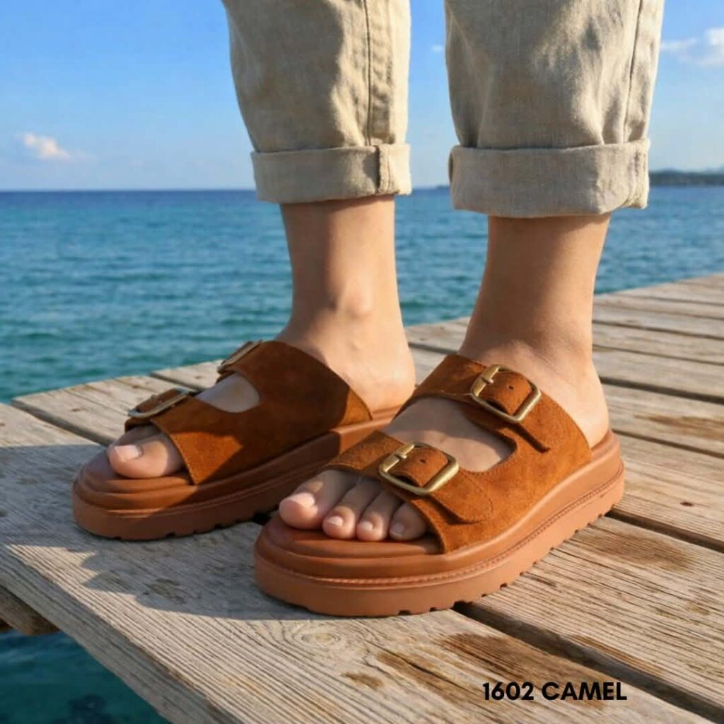 Γυναικεία δερμάτινα flatform sandals 1602 κάμελ
