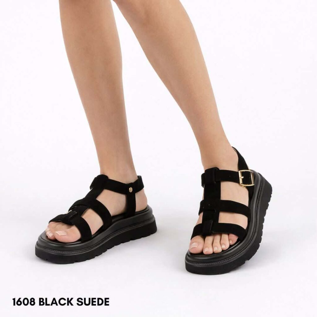 Γυναικεία δερμάτινα flatform sandals 1608 μαύρο