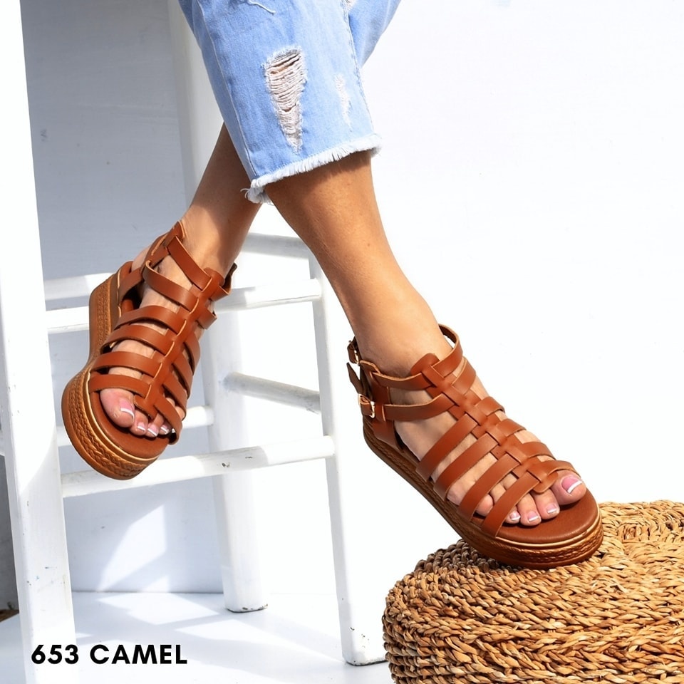 Women leather flatform sandals 1653 camel
