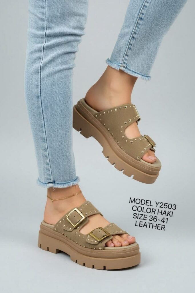 2503 Σανδάλια Flatform με Διπλές Τόκες & Τρούκς σε πούρο