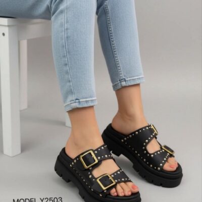 2503 Σανδάλια Flatform με Διπλές Τόκες & Τρούκς σε μαύρο