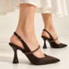 Γυναικείες Γόβες 610 Slingback καφέ Σατέν Όψης με Στρας