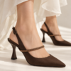 Γυναικείες Γόβες 610 Slingback καφέ Σατέν Όψης με Στρας