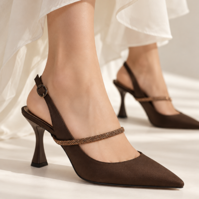 Γυναικείες Γόβες 610 Slingback καφέ Σατέν Όψης με Στρας