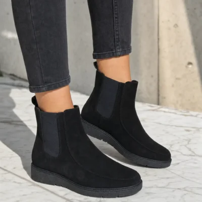 Γυναικεία Μποτάκια μαύρα suede ΜS1927 γυναικείο παπούτσι φορεμένο στο πόδι – Kammenos Shoes