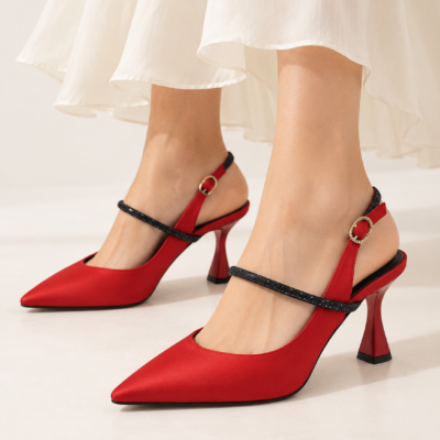 Γυναικείες Γόβες 610 Slingback Κόκκινες Σατέν Όψης με Στρας